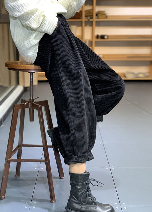 Italienische schwarze elastische Taille Taschen warme Fleece Cordhose Winter