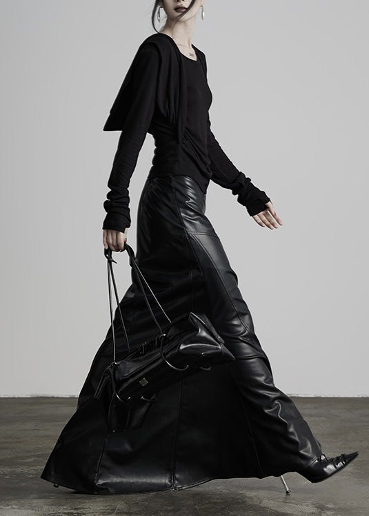 Faldas italianas de piel sintética con remaches negros, cintura alta y patchwork para invierno