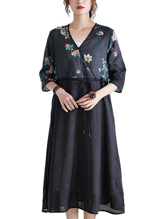 Italian Black Tie Waist Patchwork Print Summer Ramie Shirts - SooLinen