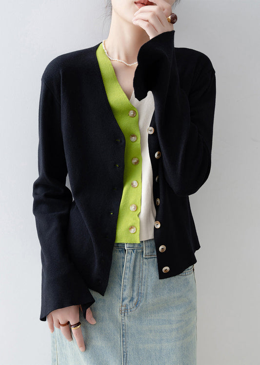 Italian Black V Neck Patchwork False Two Pieces Knit Cardigan Spring