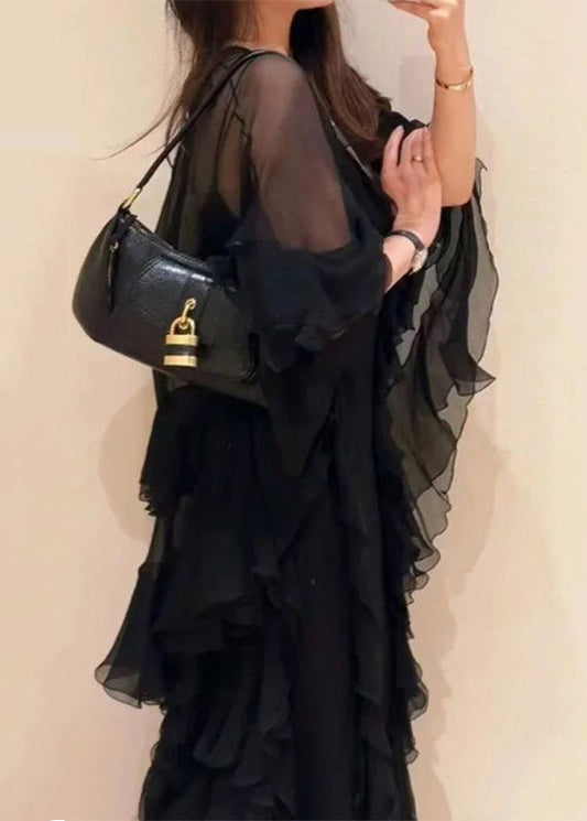 Conjunto italiano de dos piezas liso con cuello en V y volantes en color negro para primavera