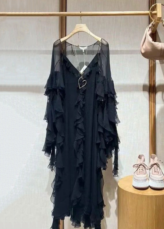 Conjunto italiano de dos piezas liso con cuello en V y volantes en color negro para primavera