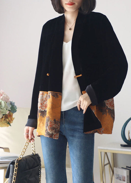 Italienische Schwarz taste V-ausschnitt druck Patchwork Seide Mäntel