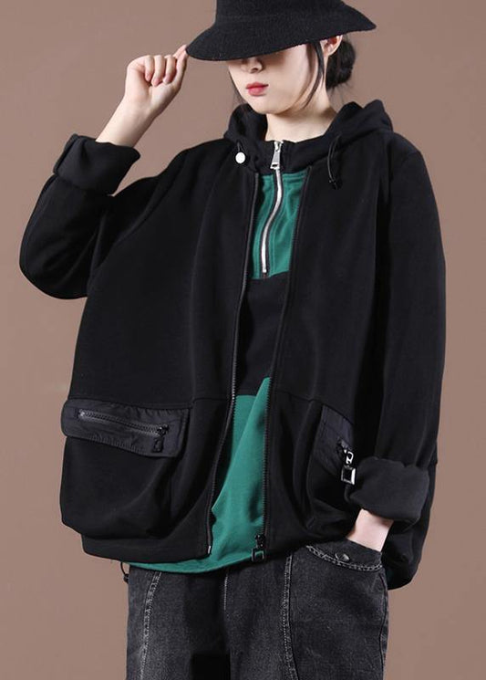 Italian Black zippered Hooded Coat Spring - SooLinen