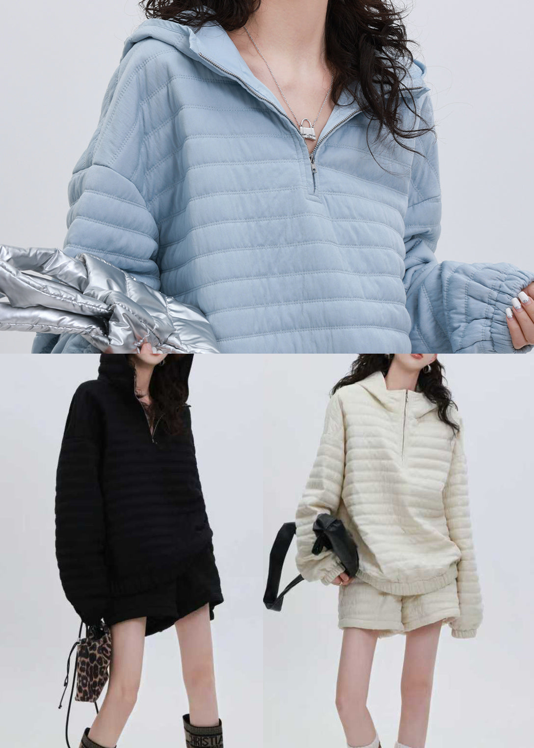 Conjunto de dos piezas con capucha y relleno de algodón fino a rayas azul italiano para invierno