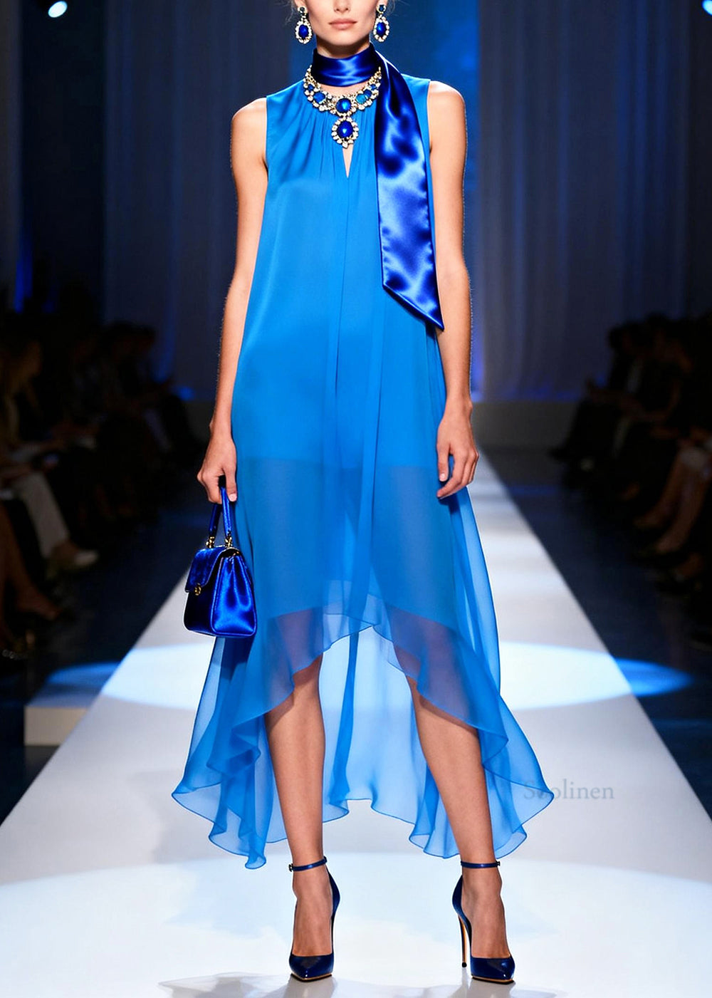 Italian Blue Low High Design Draping Chiffon Long Dress Summer