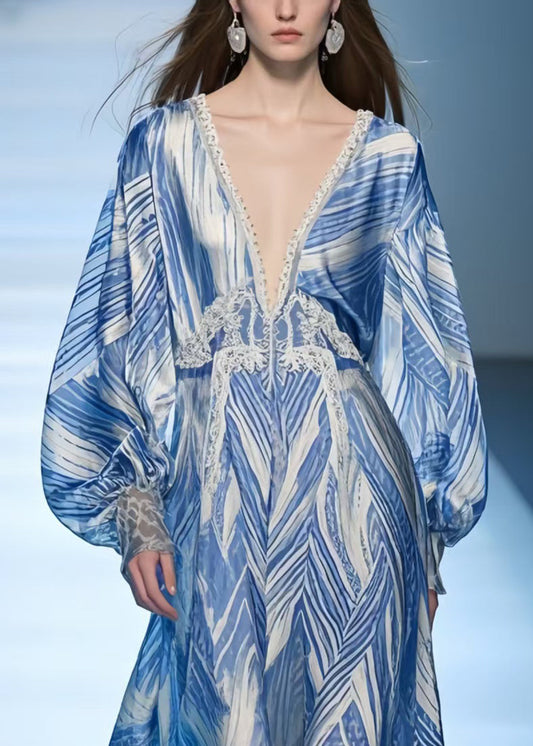 Italian Blue Oversized Print Chiffon Vacation Dresses Summer