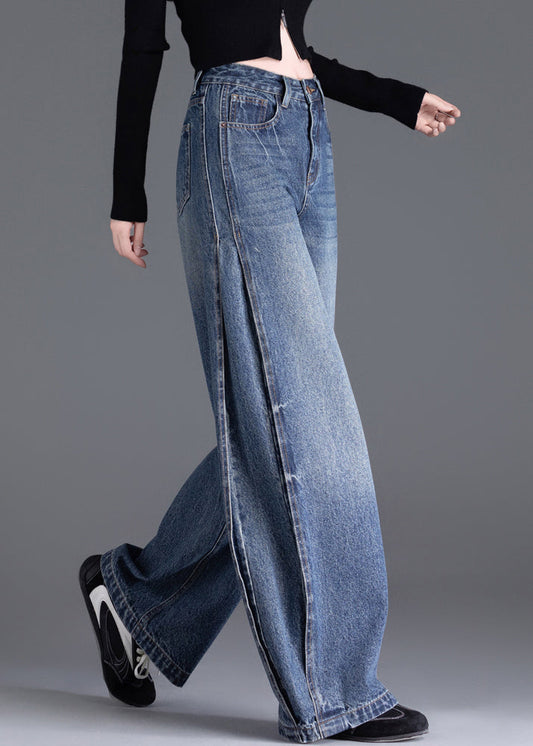 Italian Blue Oversized Warm Fleece Denim Wide Leg Pants Winter