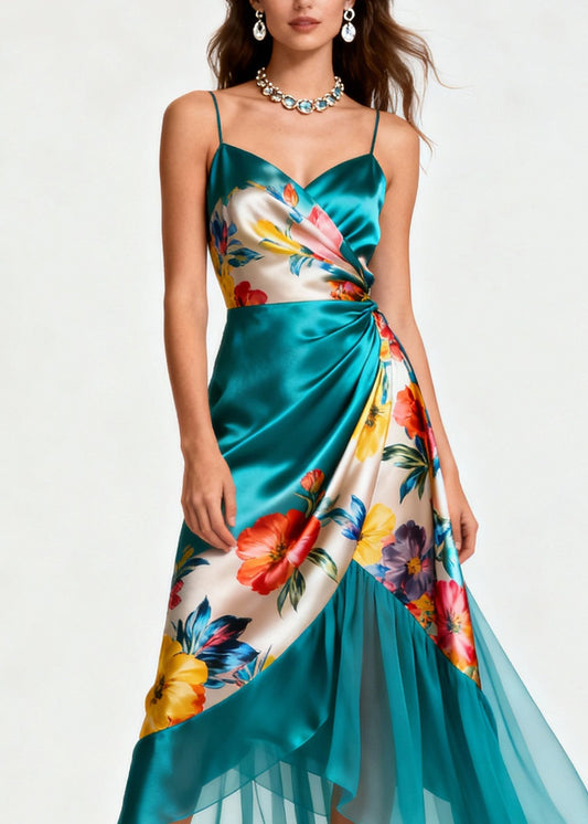 Italian Blue Print Wrinkled Patchwork Silk Spaghetti Strap Dress Summer