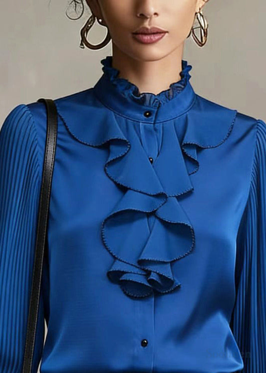 Italian Blue Stand Collar Ruffles Wrinkled Chiffon Shirts Spring