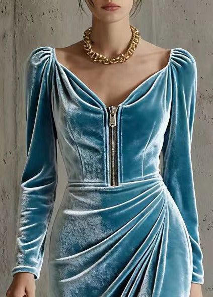 Italian Blue Zip Up Wrinkled Silk Velvet Holiday Dress Spring