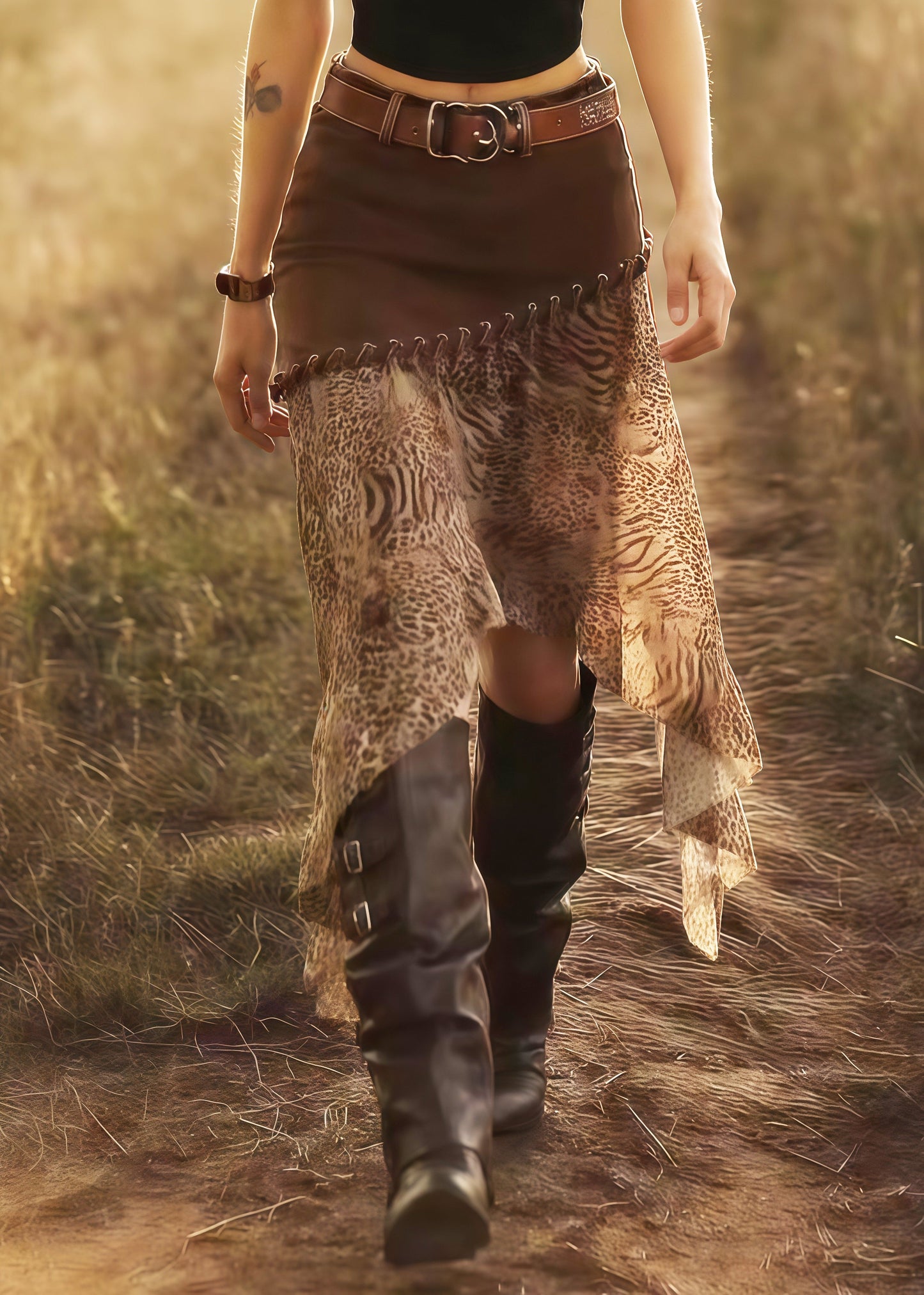 Italian Brown Leopard Asymmetrical Patchwork Chiffon Skirt Summer