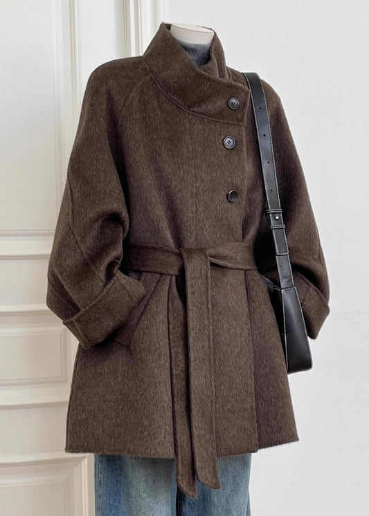 Italian Brown Pockets Patchwork Tie Waist Woolen Coat Long Sleeve