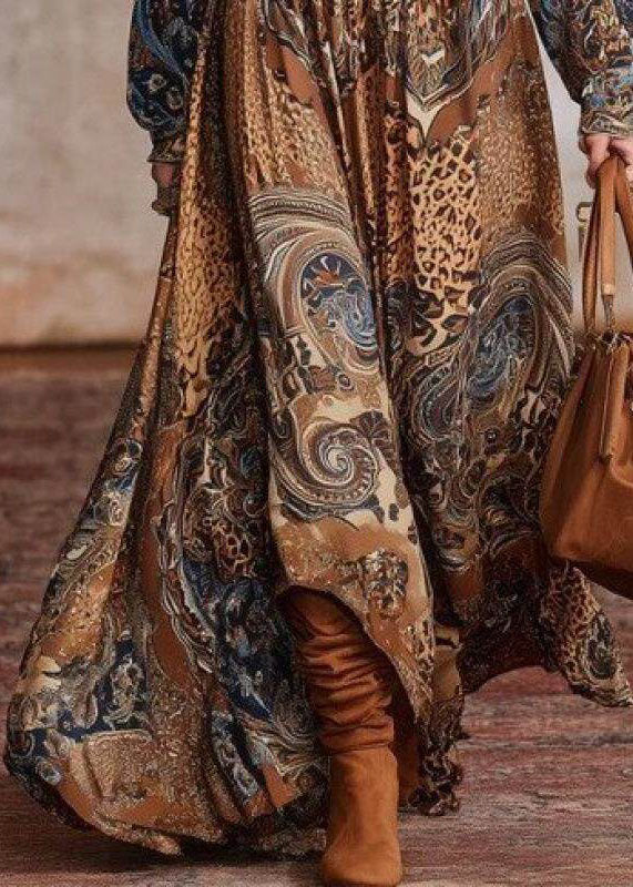 Italian Camel O-Neck Print Exra Large Hem Vacation Dresses Long Sleeve