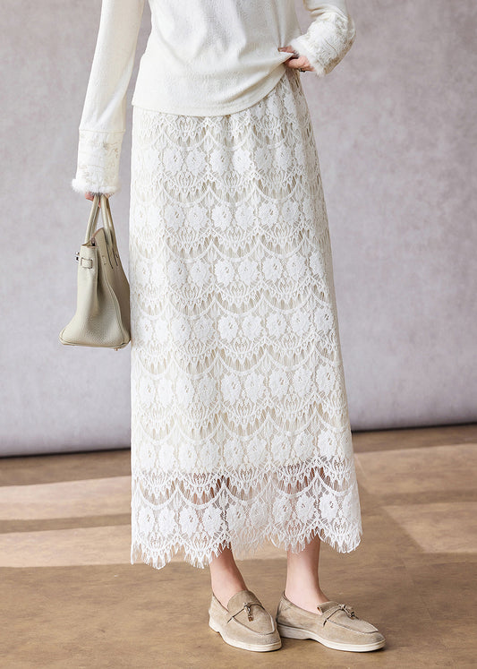 Italienischer Kaffeerock mit elastischem Bund, schmal geschnitten, aus Spitze, Frühling