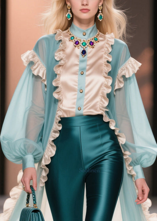 Italian Colorblock Ruffled Patchwork Exra Large Hem Chiffon Long Tops Summer