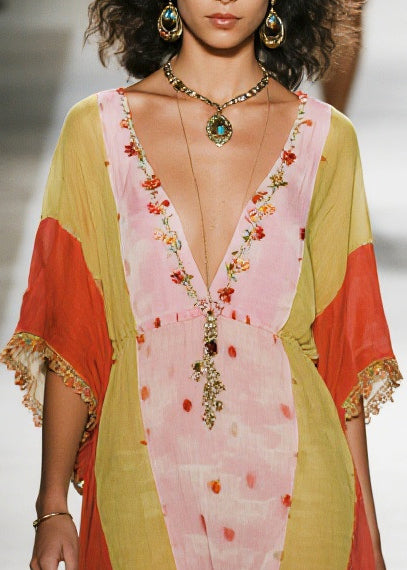 Italian Colorblock V Neck Print Cotton Mini Dresses Half Sleeve