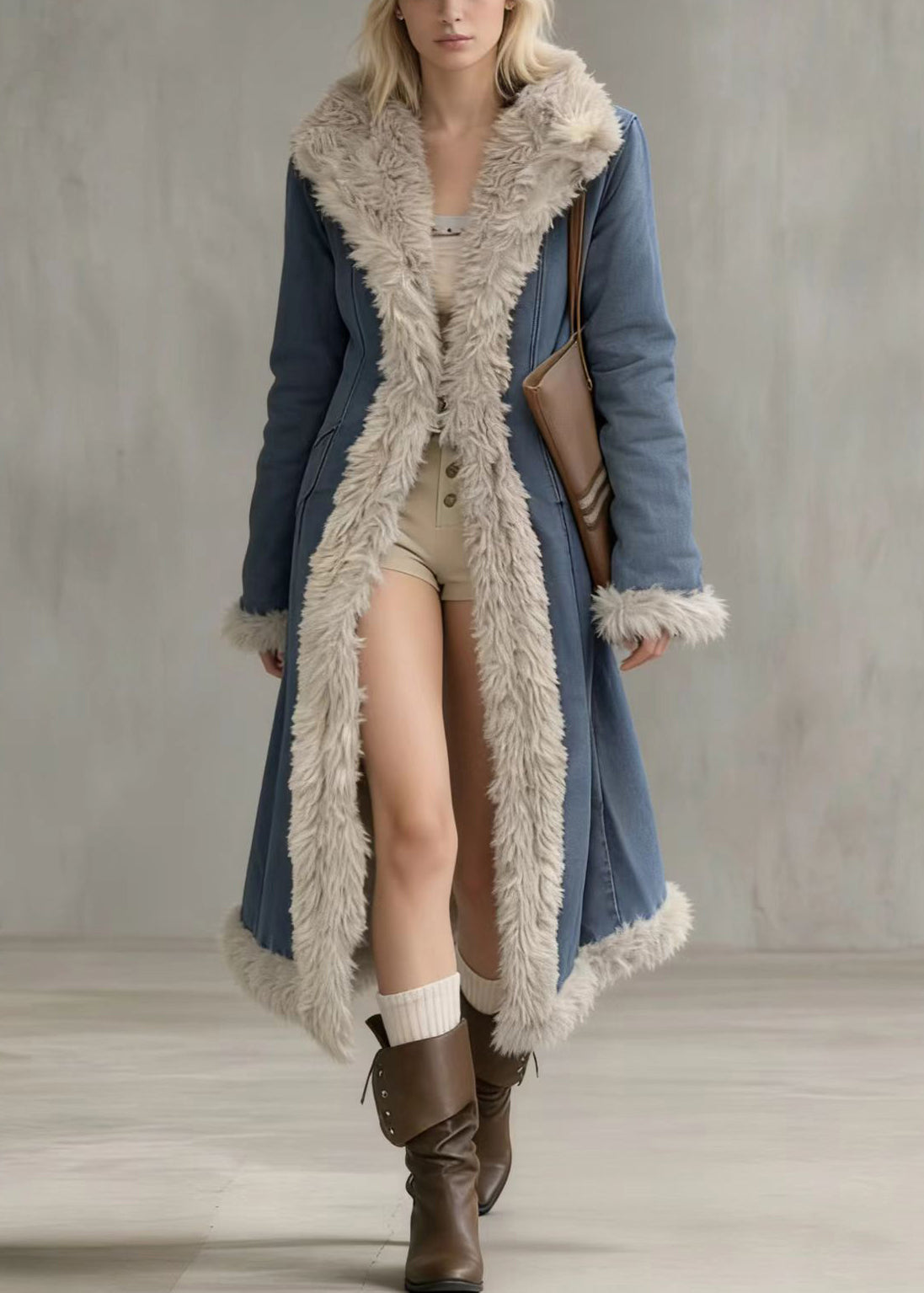 Italian Denim Blue Peter Pan Collar Patchwork Faux Fur Cotton Filled Trench Winter