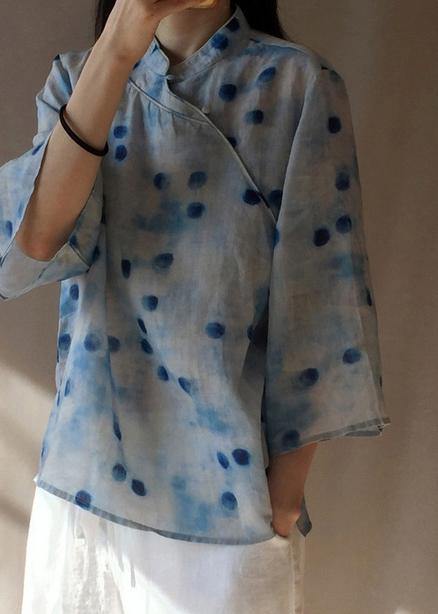 Italian Dotted Clothes Stand Collar Flare Sleeve Box Shirts - SooLinen