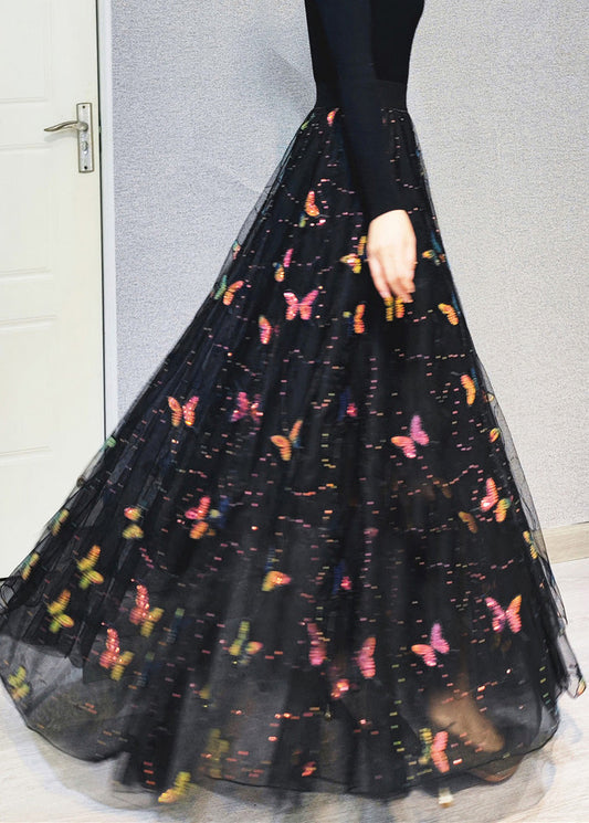 Italienische bestickte Blumen-Maxiröcke mit hoher Taille und Pailletten aus Tüll