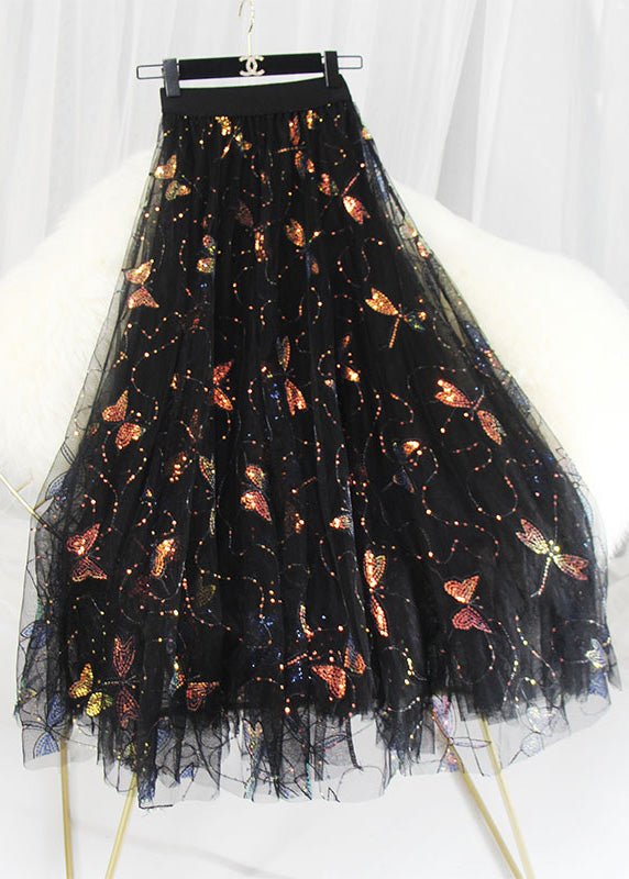 Italienische bestickte Blumen-Maxiröcke mit hoher Taille und Pailletten aus Tüll