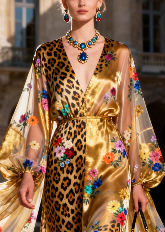 Italian Golden Asymmetrical Patchwork Print Silk Long Dress Summer