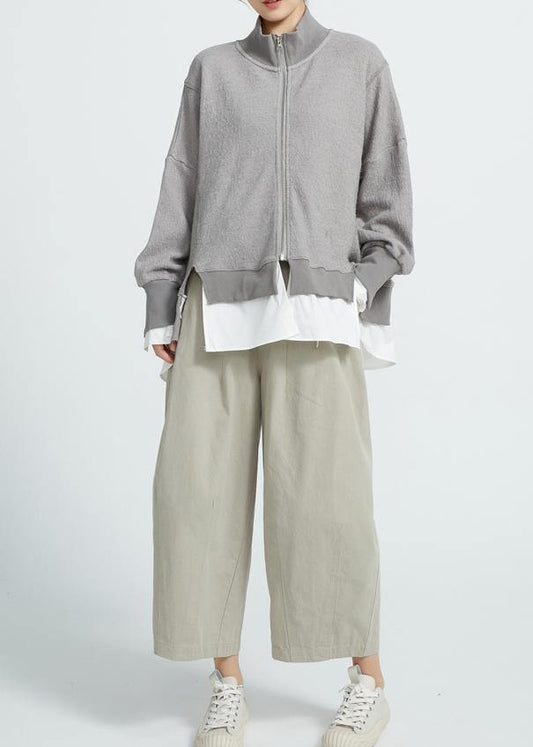 Italian Gray cotton Crane tops false Two Pieces Knee Spring tops - SooLinen