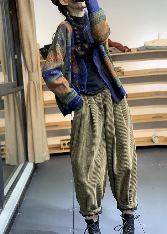 Italienische grüne elastische Taille solide Cord Fleece Hose Hose Winter