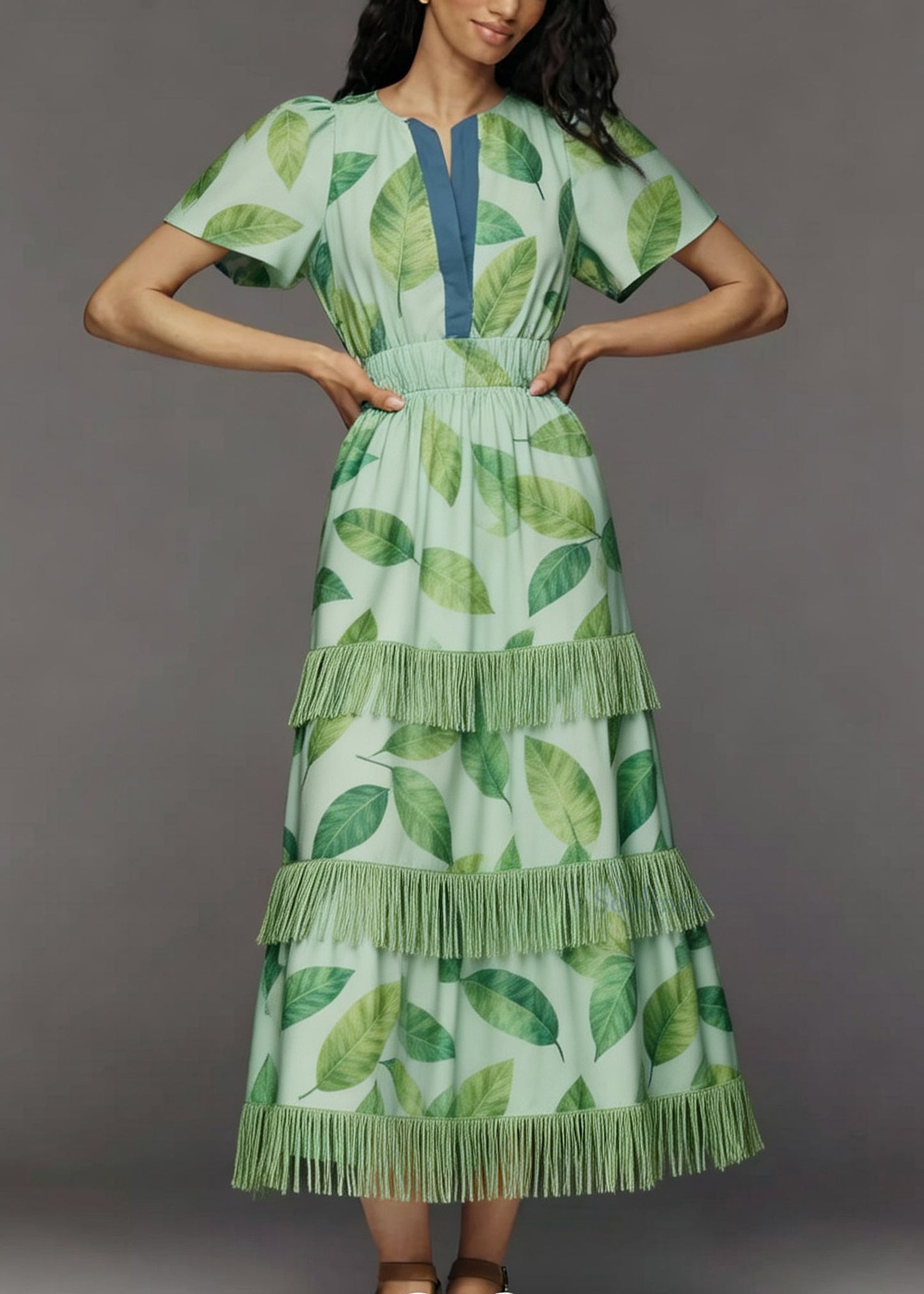 Italian Green Print Tasseled Patchwork Cotton Maxi Dresses Summer