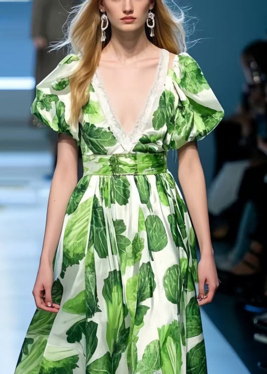 Italian Green Puff Sleeve Print Chiffon Holiday Dress Summer