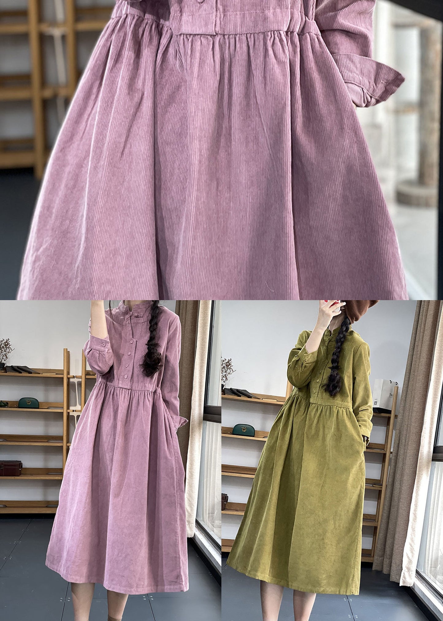 Italienisches grünes Patchwork-Cordkleid mit Stehkragen für den Winter