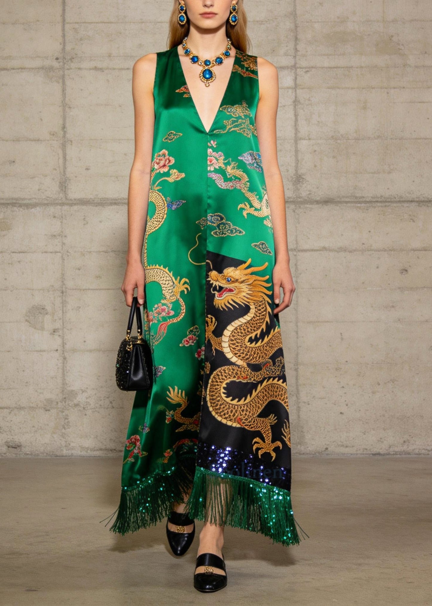Italian Green Tasseled Print Silk Long Dress Summer