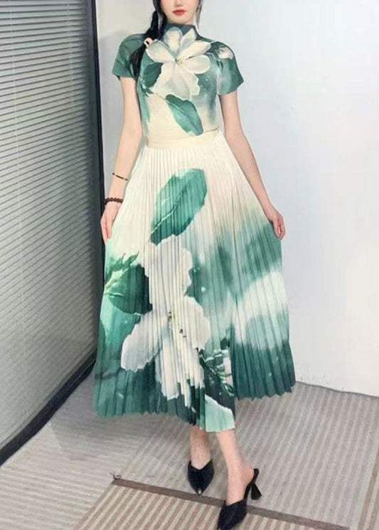 Italienisches grünes Rollkragen-Print-Top und Röcke, zweiteiliges Set, kurze Ärmel