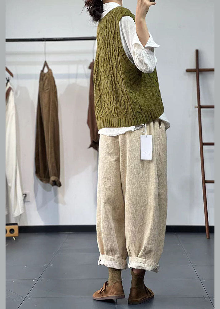 Italienische grüne Weste mit V-Ausschnitt, grob, übergroß, Zopfmuster, Winter