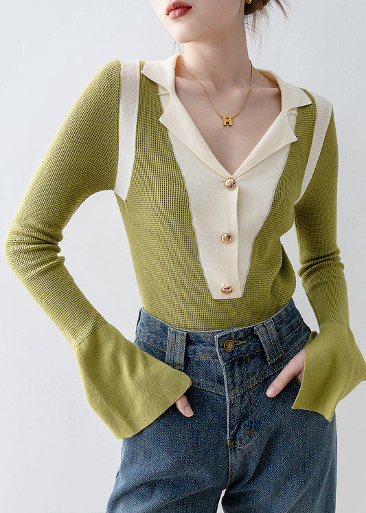 Italian Green V Neck Patchwork Knit Top Flare Sleeve