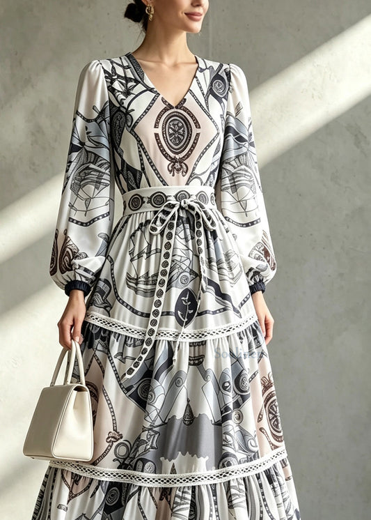 Italian Grey Blue V Neck Print Exra Large Hem Ankle Dress Long Sleeve