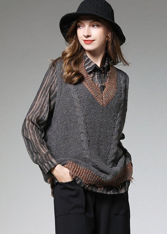 Italienische graue Patchwork-Strickweste mit V-Ausschnitt für den Herbst