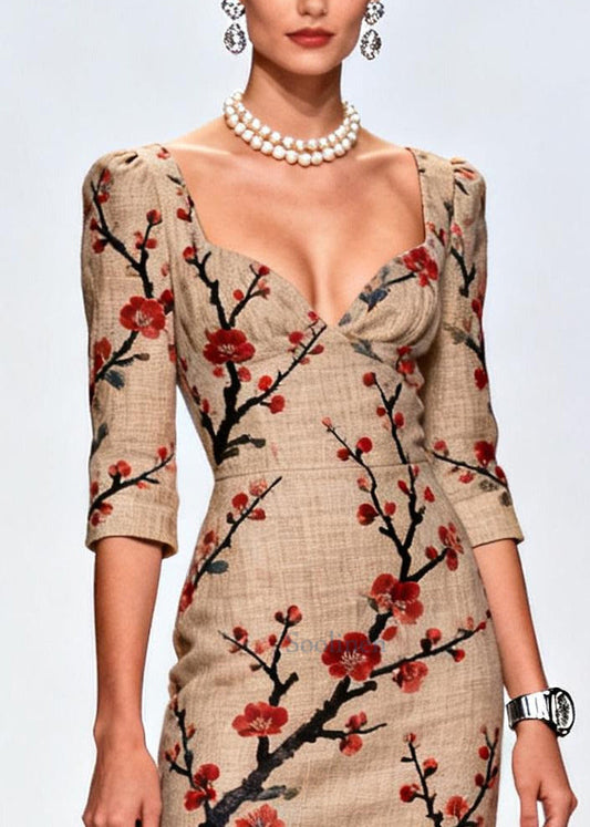 Italian Khaki Bustier Top Patchwork Print Linen Long Dresses Summer