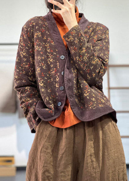 Italienischer Khaki-Witner-Mantel mit V-Ausschnitt und Patchwork-Print aus feiner Baumwolle