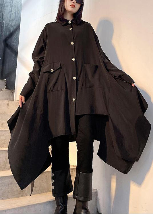 Italian Lapel Asymmetric Spring Blouse Neckline Black Top - SooLinen