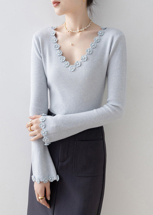 Italian Light Blue V Neck Floral Knit Sweater Flare Sleeve