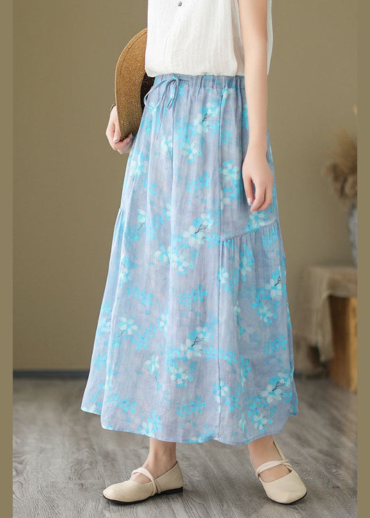 Italienischer hellblauer Leinenrock mit Faltendruck und elastischer Taille für den Sommer