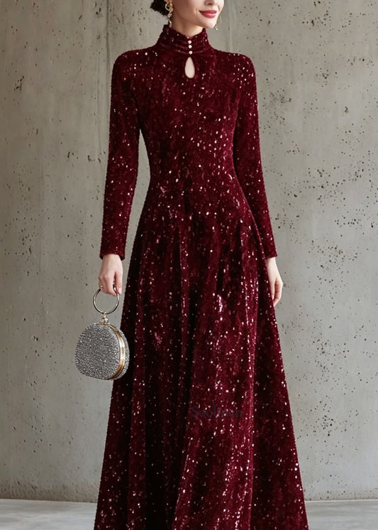 Italian Mulberry Stand Collar Sequins Maxi Dress Long Sleeve