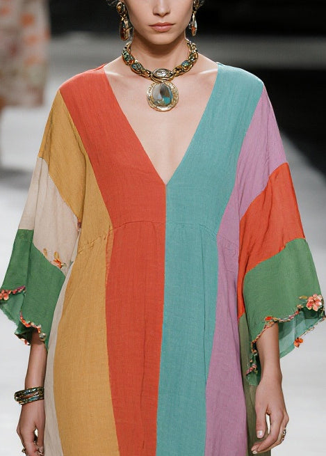 Italian Multicolored Oversized Striped Cotton Long Dress Summer