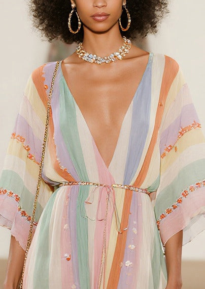 Italian Multicolored Striped Low High Design Chiffon Ankle Dress Summer