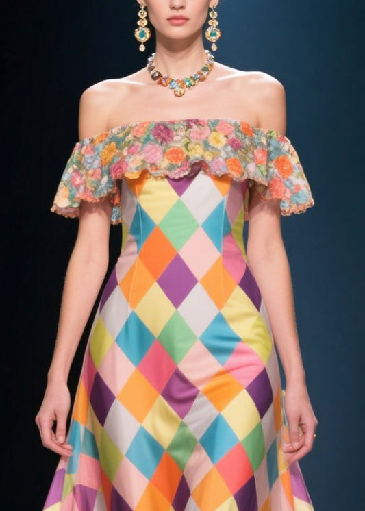 Italian Multicolour Plaid Patchwork Flower Silk Strapless Dress Summer