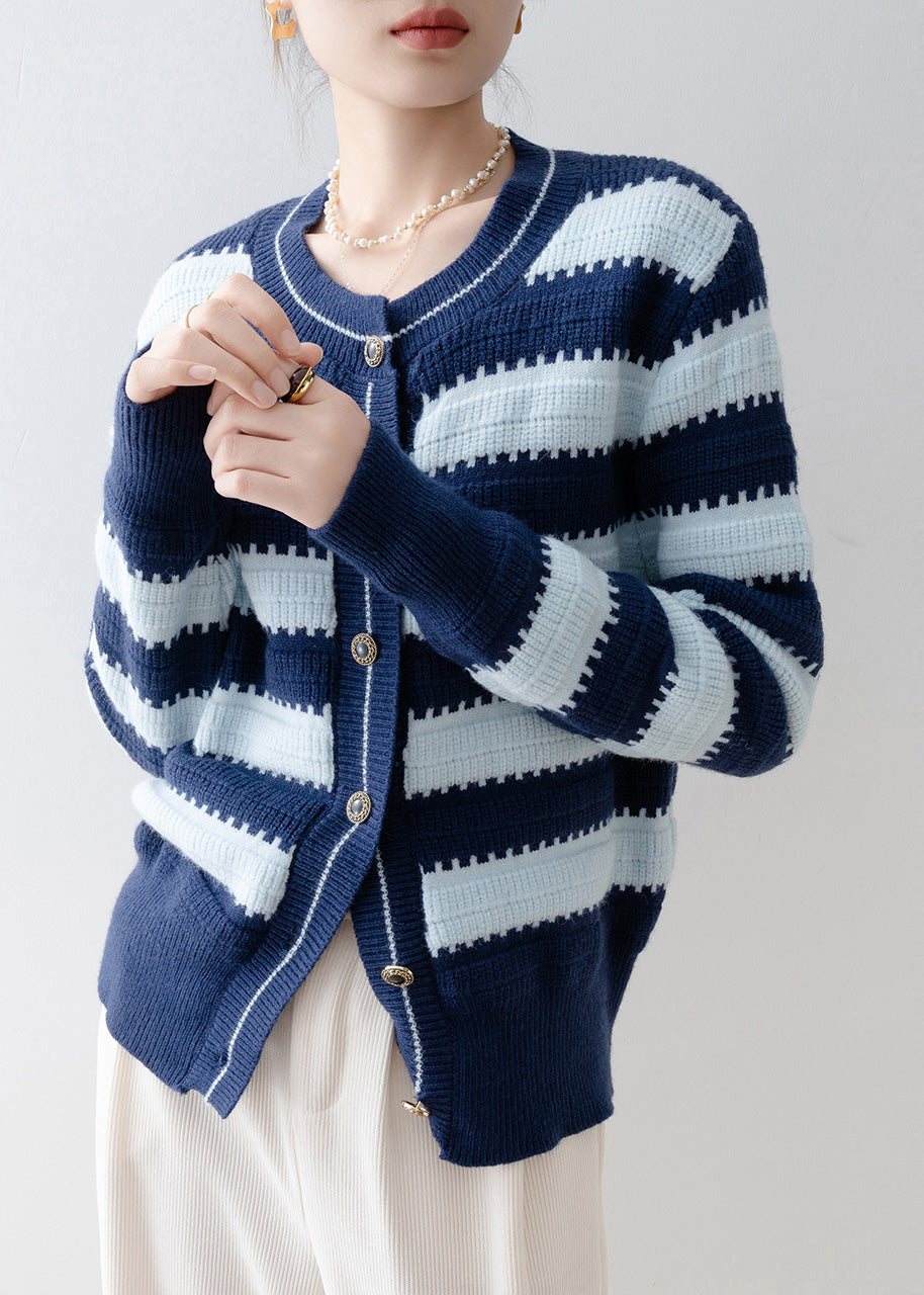 Italian Navy Oversized Striped Knit Cardigans Winter