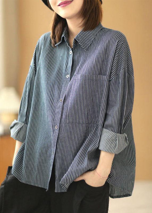 Italian Navy Striped PeterPan Collar Button Pockets Fall Top Long sleeve - SooLinen