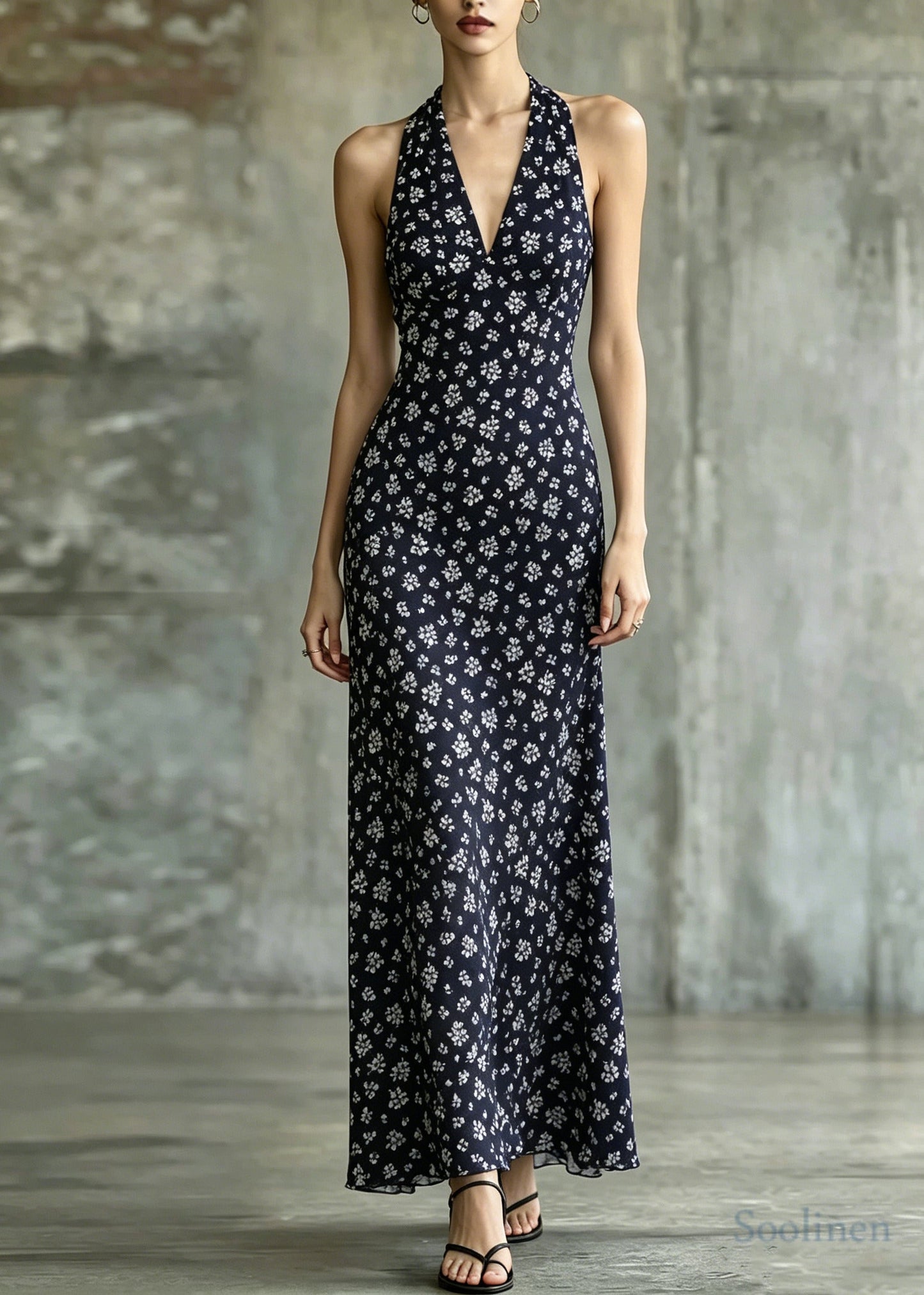 Italian Navy V Neck Print Chiffon Holiday Dresses Sleeveless
