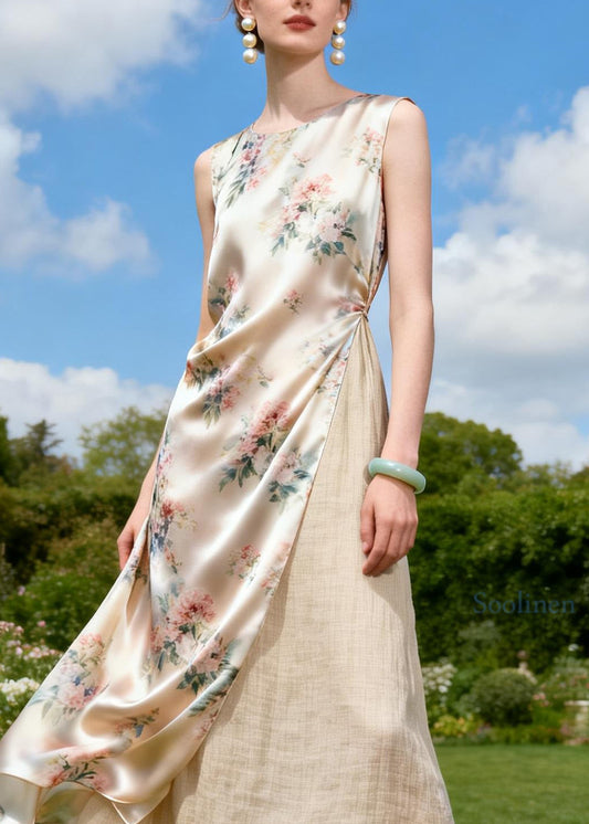 Italian O Neck Print Patchwork Linen Silk Dress Sleeveless